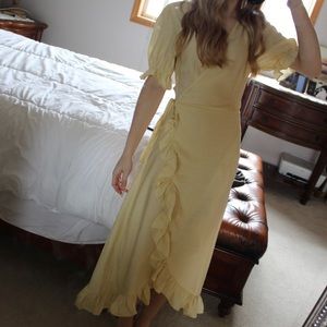 Ruffle wrap puff sleeve midi dress yellow
